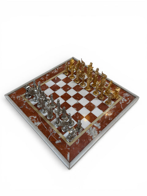 Italian Marble Chess Set with Figural Metal Pieces