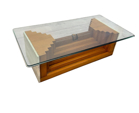 Italian Modernist Wood and Glass Coffee Table with Sculptural Base, 1970s by Giuseppe Rivadossi