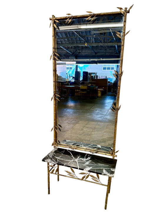 Italian Gilt Bamboo Mirror with Black Marble Console and Leaf Motif, Mid-Century Design