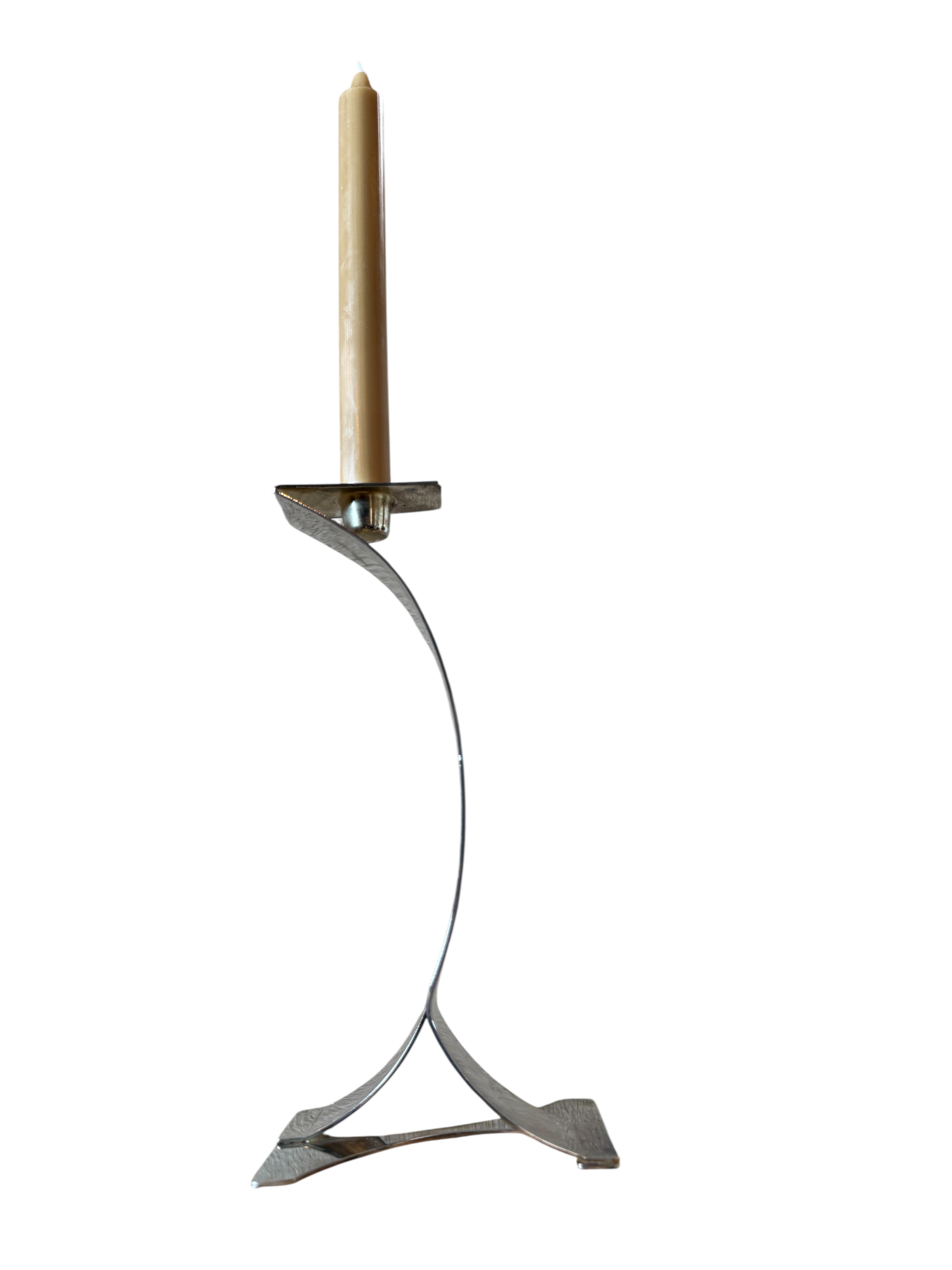 Mid-Century Sculptural Chrome Candlestick with Curved Stem and Architectural Base