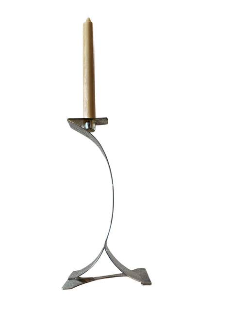 Mid-Century Sculptural Chrome Candlestick with Curved Stem and Architectural Base