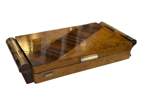 Italian Art Deco Burl Wood and Macassar Ebony Box with Brass Details, 1940s