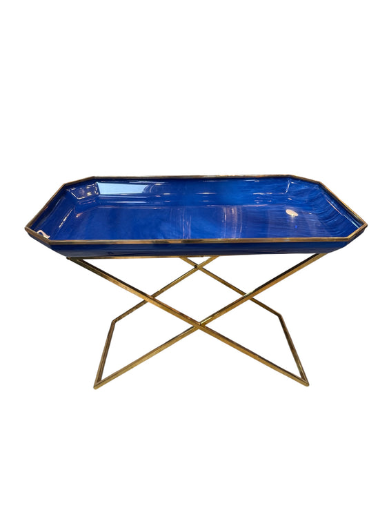 Vintage Folding Tray Table with Blue Enamel Tray and Brass Base, 1970s