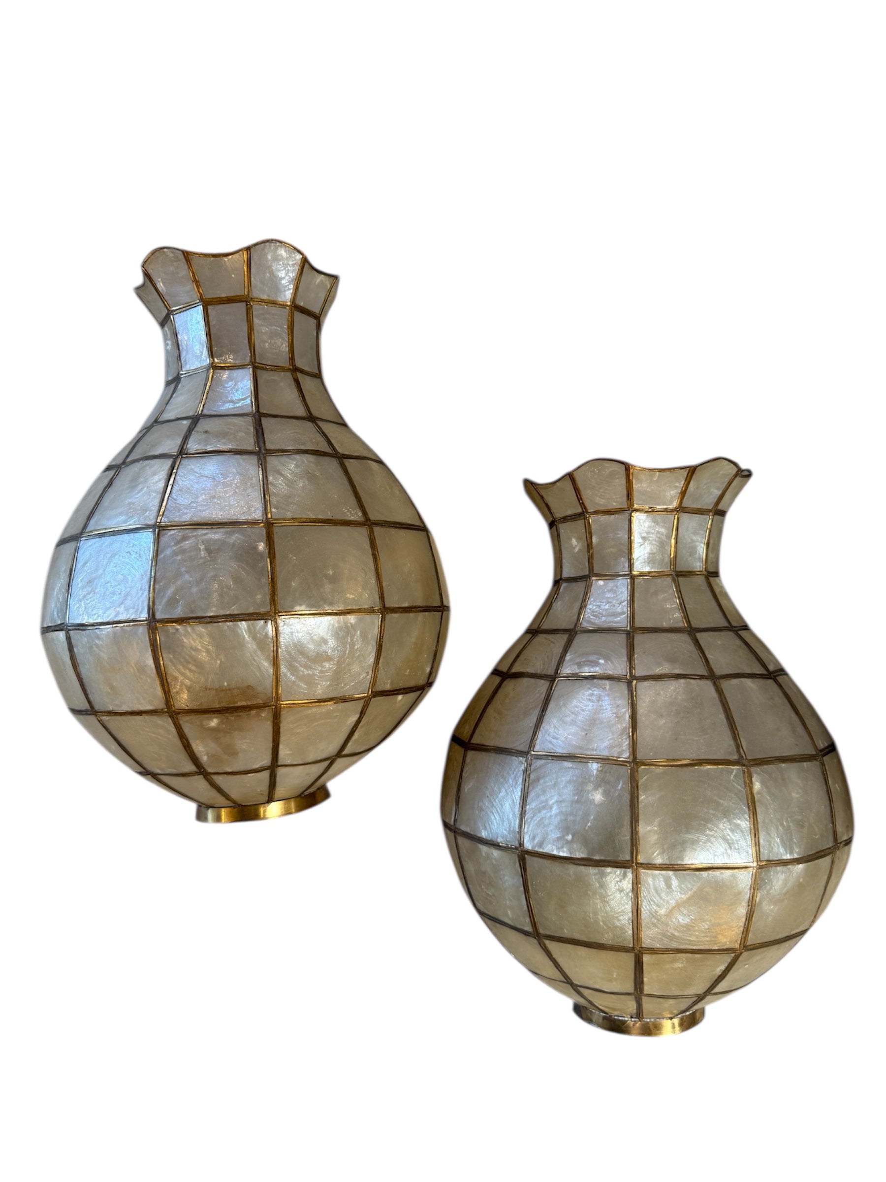 Pair of Capiz Shell and Brass Wall Sconces Large, 1970s