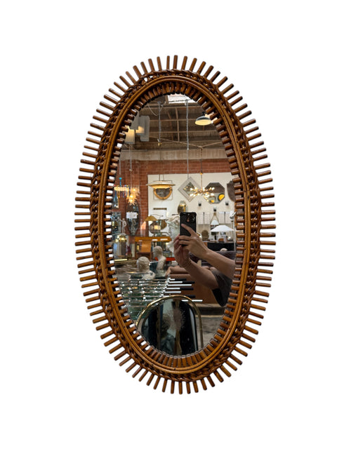 Mid-Century Italian Oval Rattan and Wicker Sunburst Mirror, 1960s