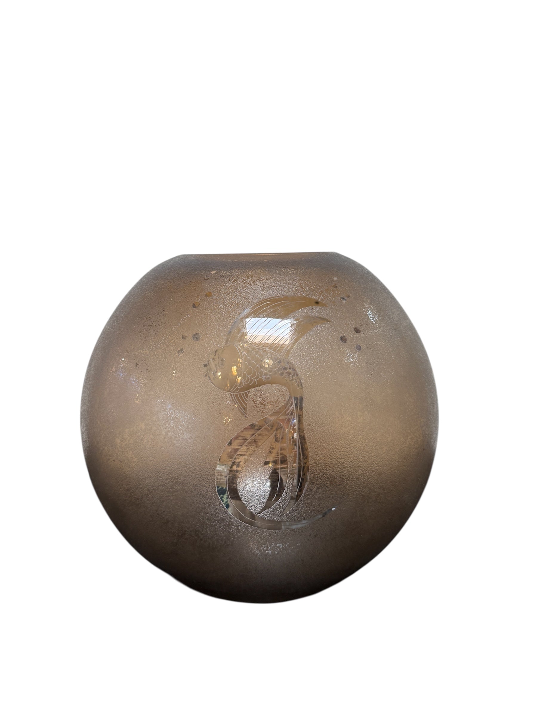 Italian Smoky Murano Glass Vase with Etched Fish Motif, 1970s