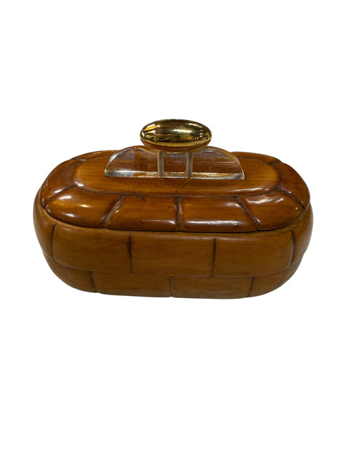 Vintage Mid-Century Carved Wood Trinket Box with Lucite & Brass Handle
