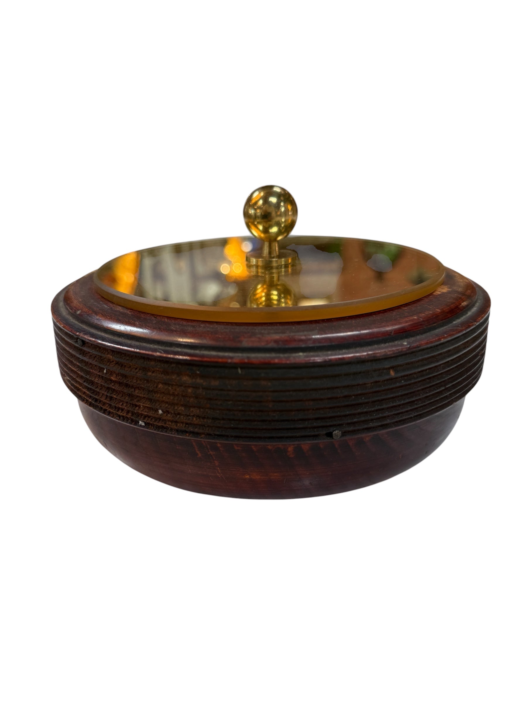 Wooden Lidded Box with Brass-Tone Mirror Top