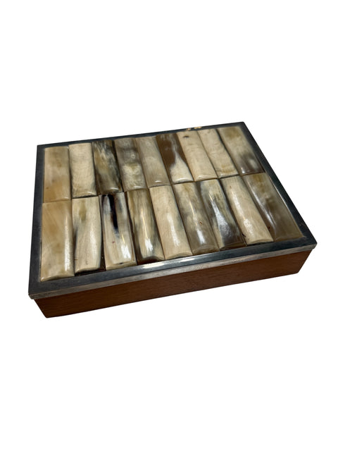 Vintage Tessellated Horn & Wood Box with Metal Trim