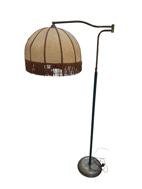 Mid-Century Modern Brass Floor Lamp with Fringe Fabric Shade