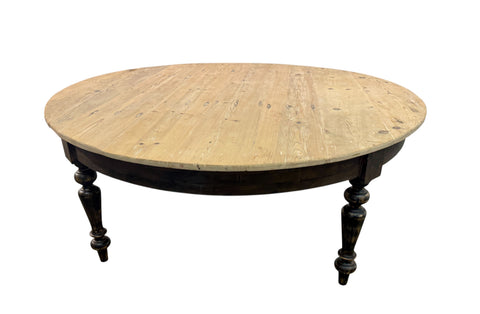 Large Rustic Round Pine Dining Table with Ebonized Turned Legs
