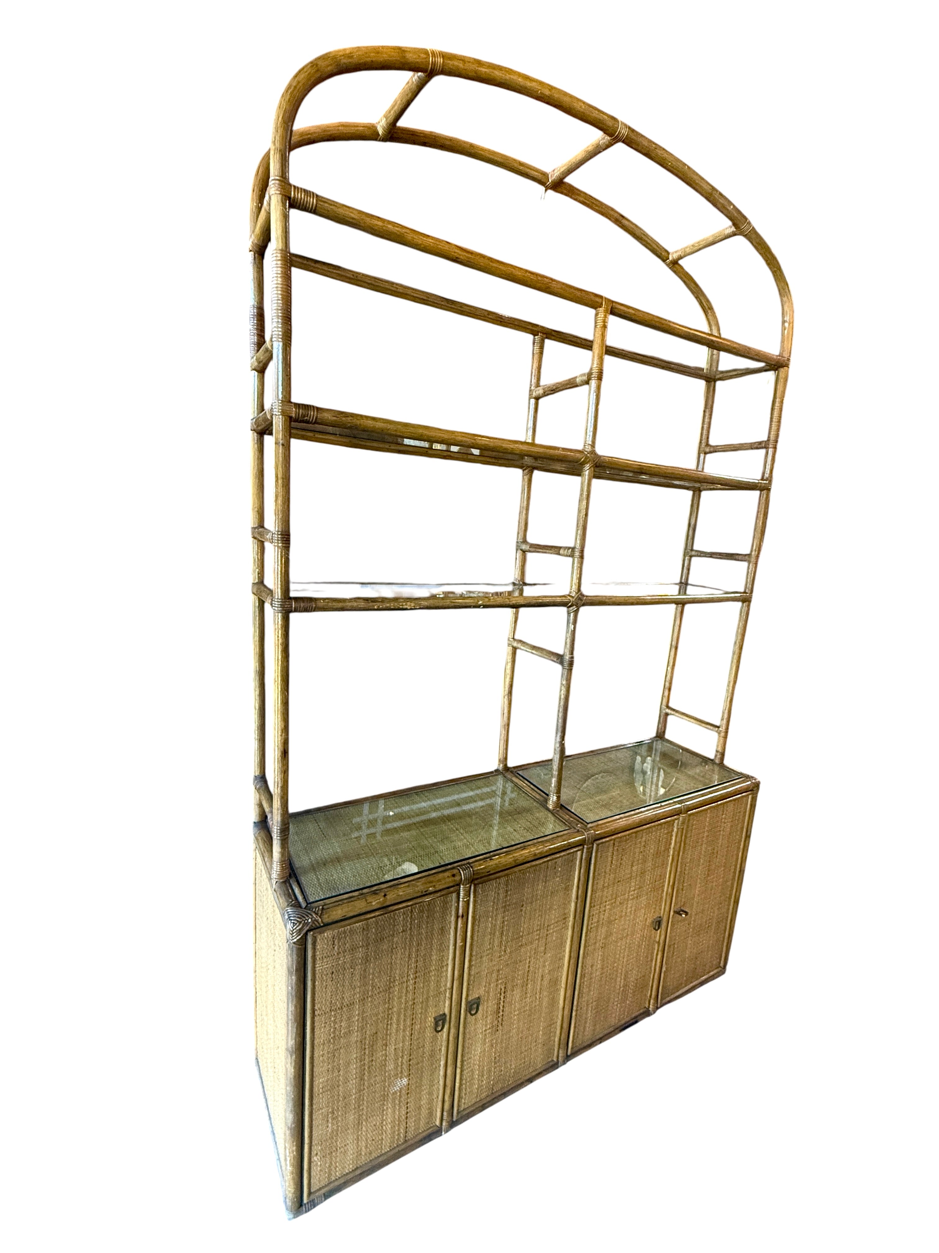 Vintage Coastal Rattan Etagere Cabinet with Glass Shelves