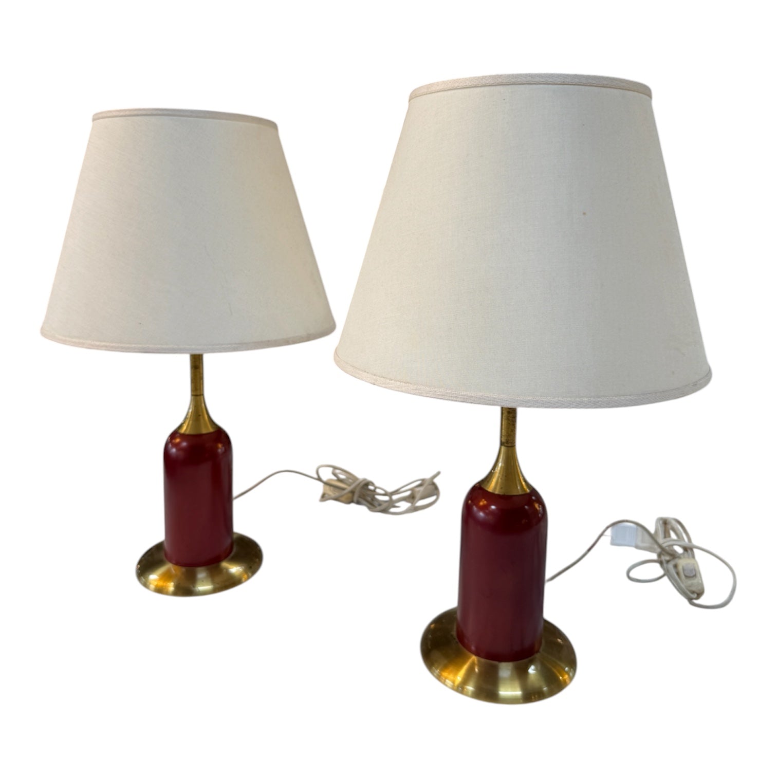 Pair of Vintage Red & Brass Table Lamps with Linen Shades