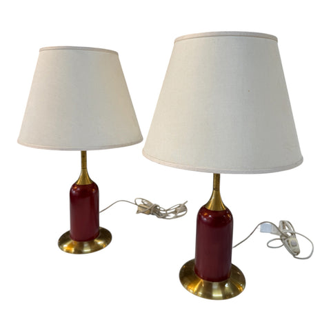 Pair of Vintage Red & Brass Table Lamps with Linen Shades