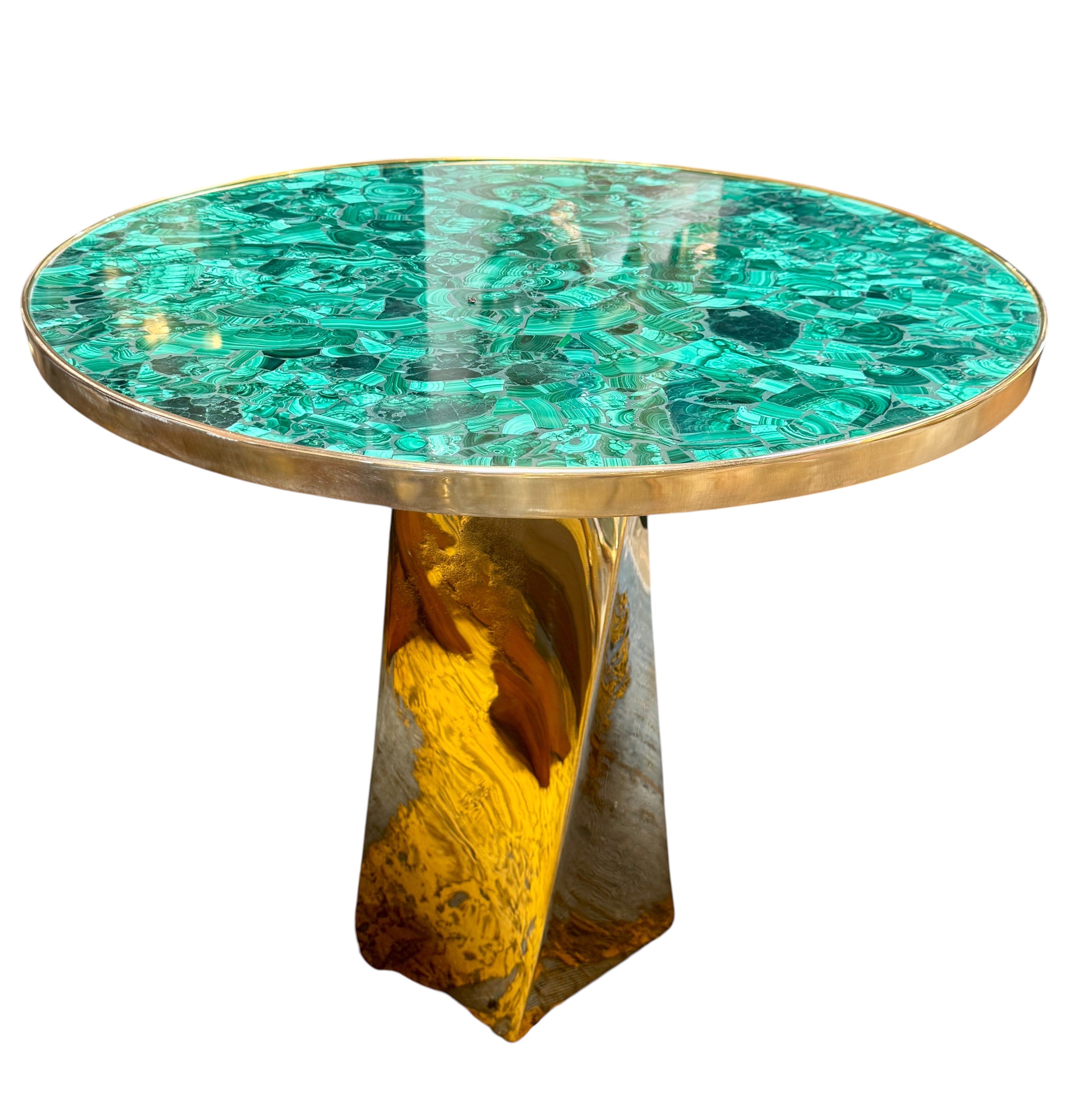 Contemporary Round Malachite Stone Top Dining Table with Solid Brass Base