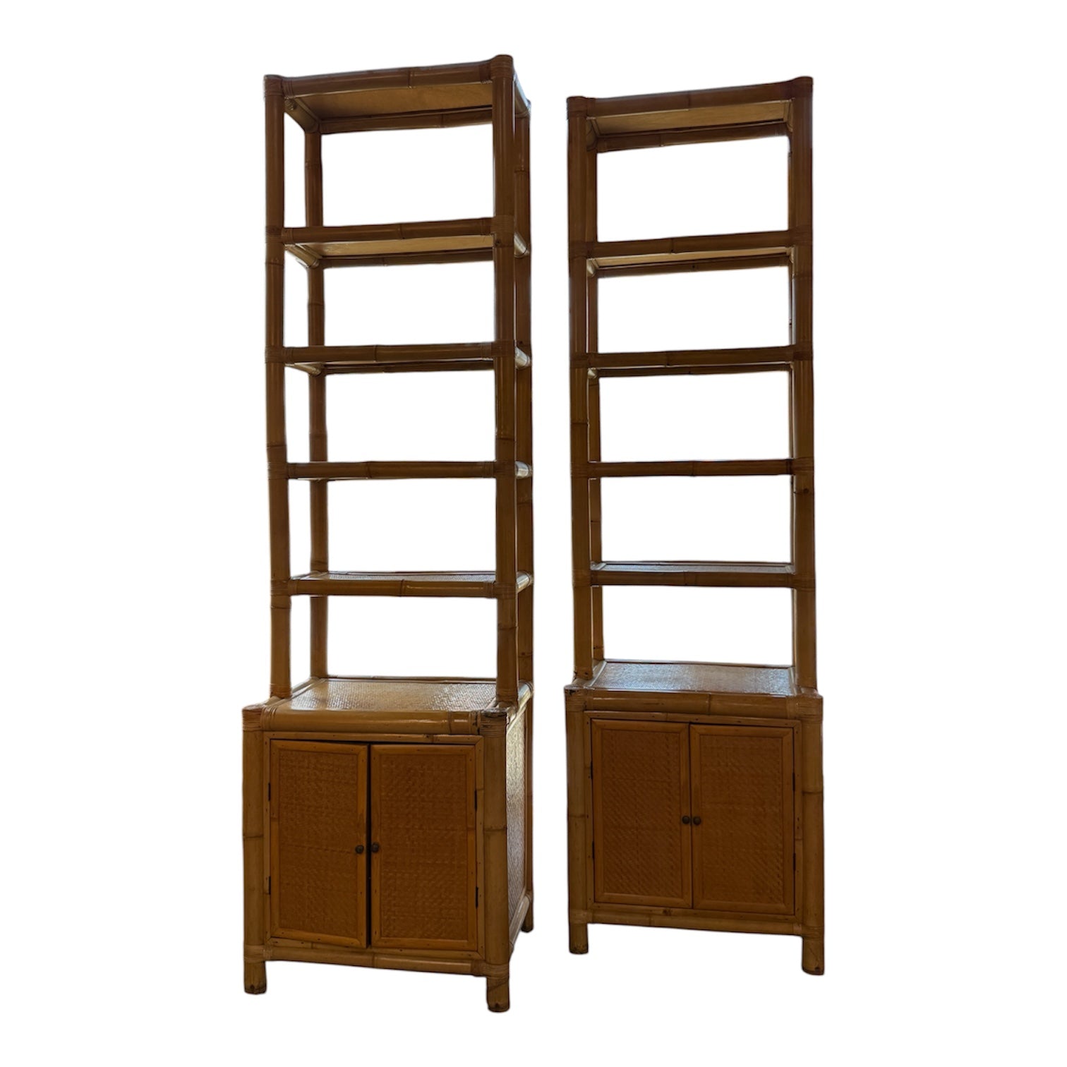 Pair of Bamboo and Woven Rattan Bookcases with Cabinet Bases, 1970s