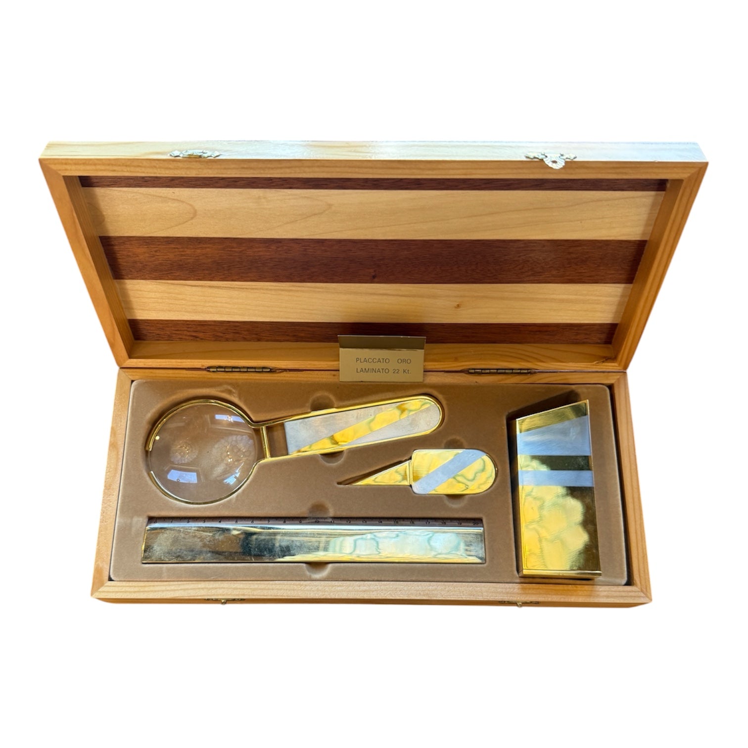 24K Gold-Plated Five-Piece Desk Set in Wood Presentation Box, 1970s Italy