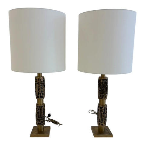 Pair of Italian Textured Brass Table Lamp, 1970s