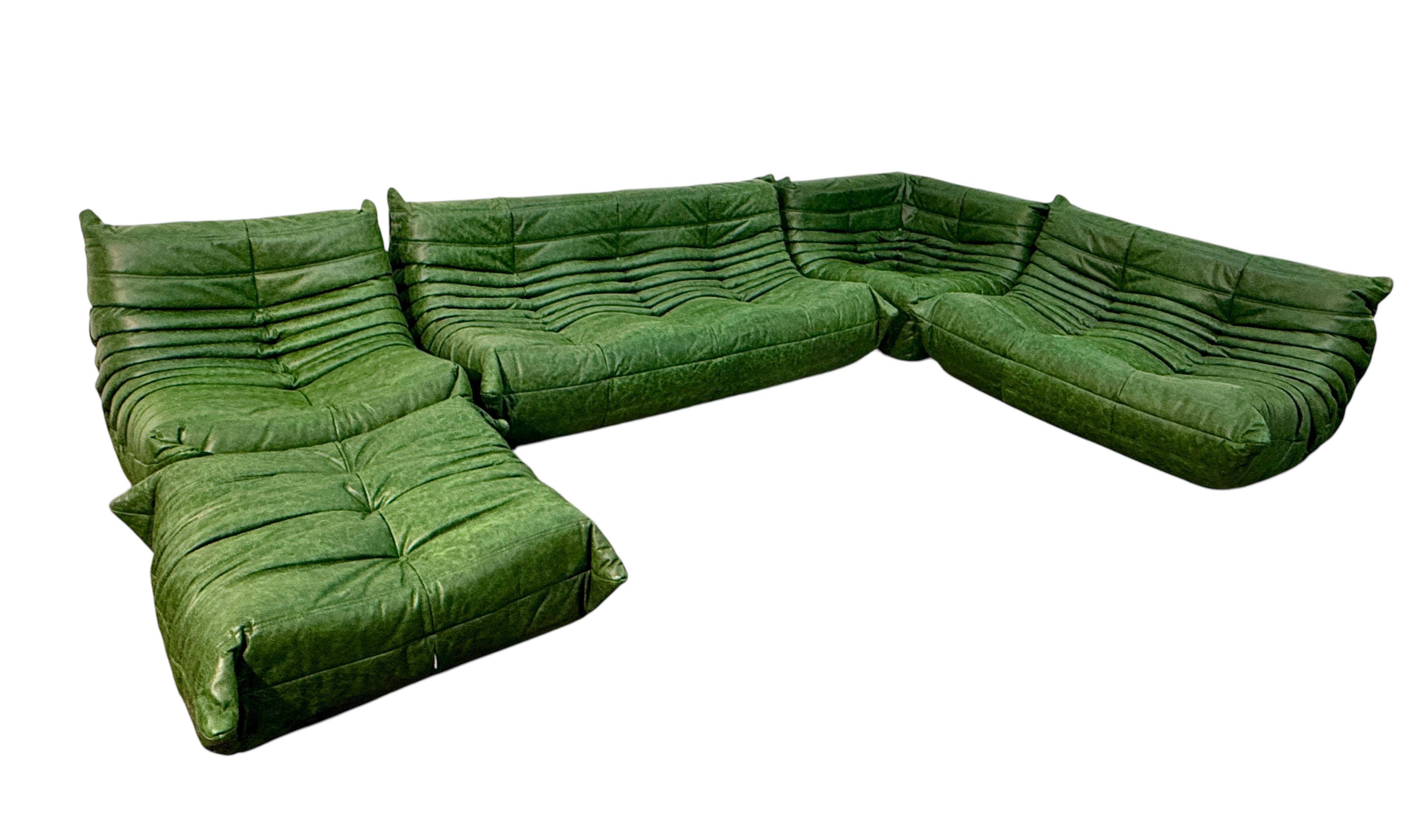 Set of 5 Togo Sofa Set in Emerald Green Leather by Michel Ducaroy for Ligne Roset
