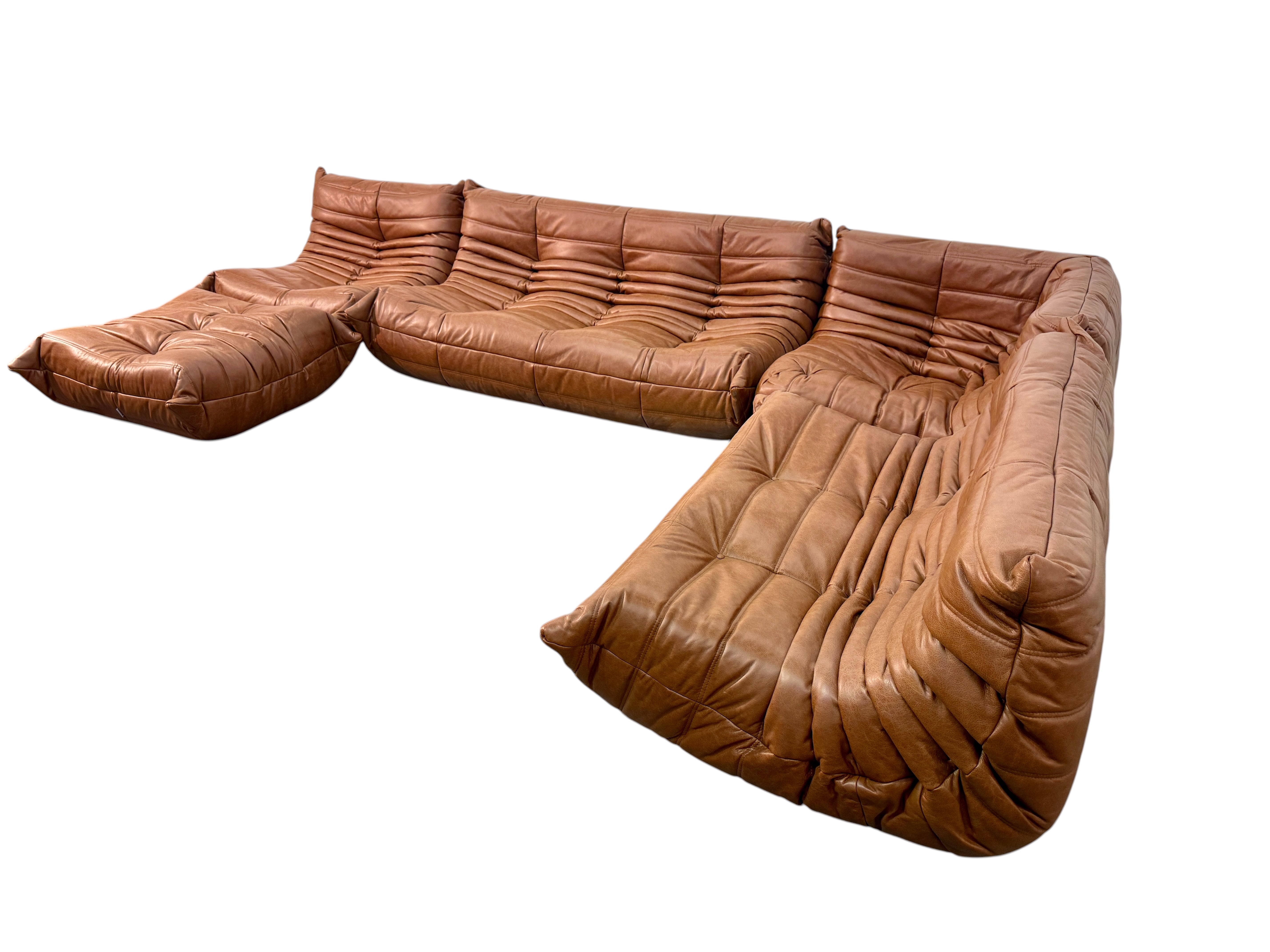 Set of 5 Togo Sofa in Cognac Leather by Michel Ducaroy for Ligne Roset, 1970s