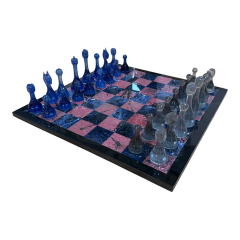 Marble Chess Set with Blue and Gray Glass Pieces