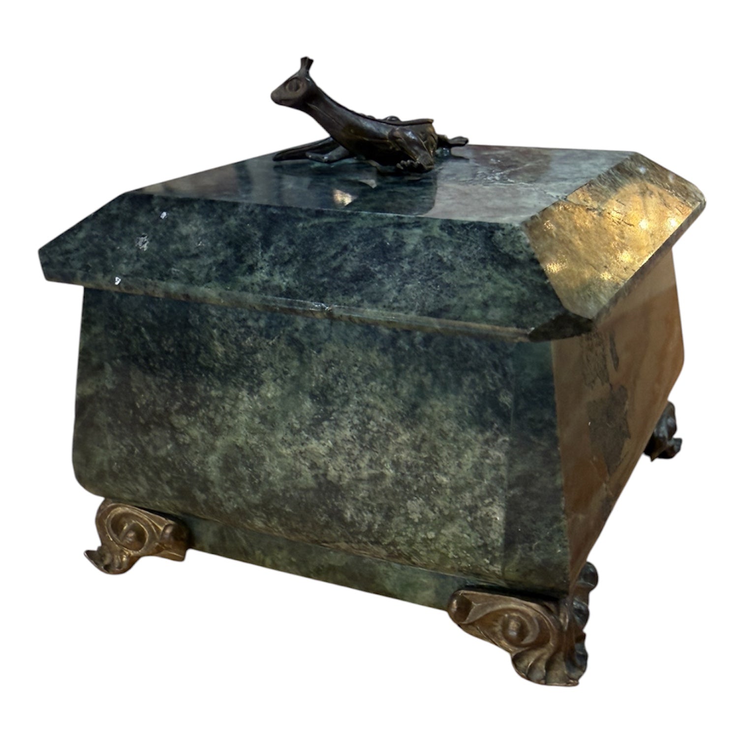 Antique Green Marble Box with Bronze Accents and Animal Finial