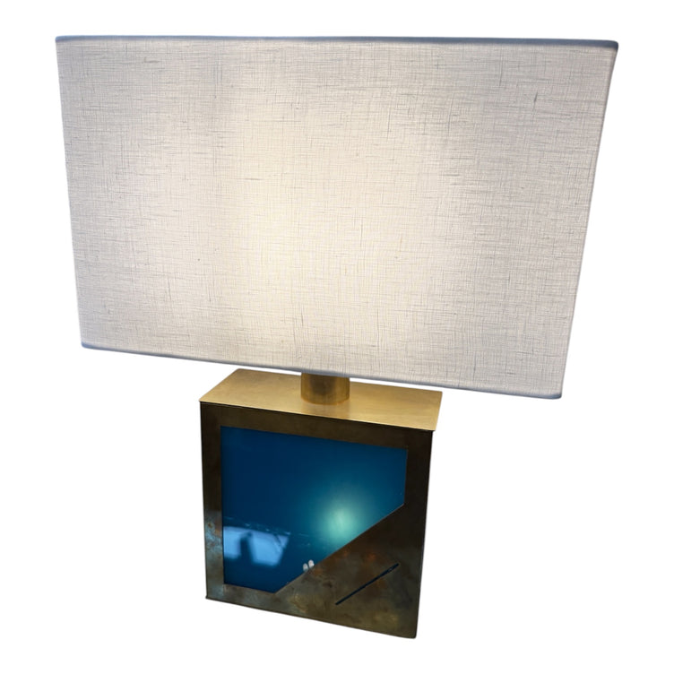 Brass Table Lamp with Blue Panel Base and Rectangular Linen Shade