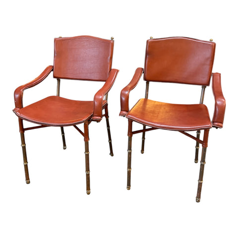 Jacques Adnet French Modernist Leather & Brass Chairs (Set of 2)