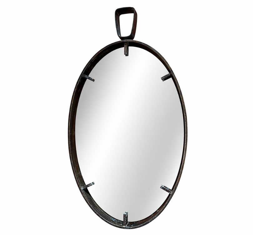 Vintage Oval Iron Frame Wall Mirror with Hanging Loop