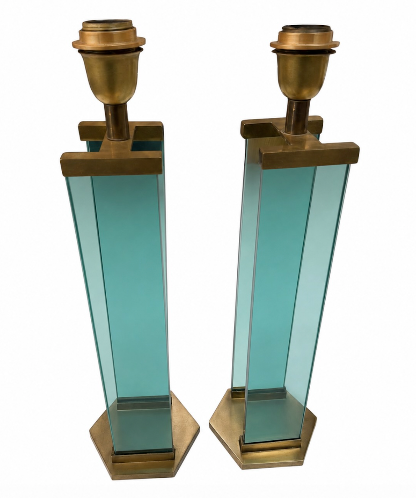 Pair of Fontana Arte Style Brass and Blue Glass Table Lamps