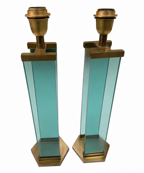 Pair of Fontana Arte Style Brass and Blue Glass Table Lamps
