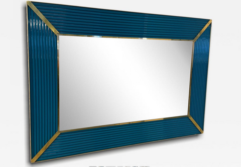 Mid-Century Italian Mirror with Teal Ribbed Frame and Brass Accents 1970s