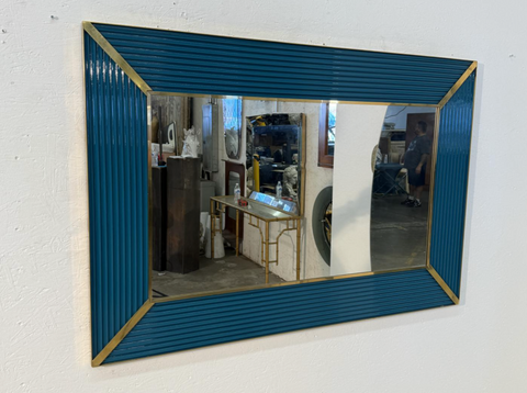 Mid-Century Italian Mirror with Teal Ribbed Frame and Brass Accents 1970s
