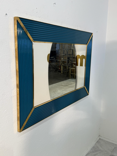 Mid-Century Italian Mirror with Teal Ribbed Frame and Brass Accents 1970s