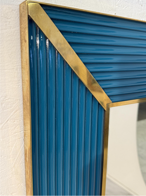 Mid-Century Italian Mirror with Teal Ribbed Frame and Brass Accents 1970s