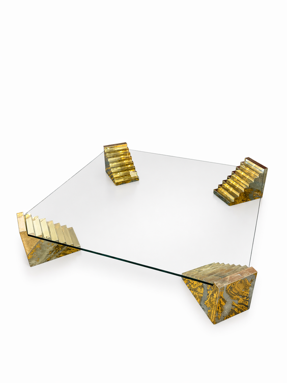 Glass Sculptural Coffee Table with Stepped Pedestal Bases