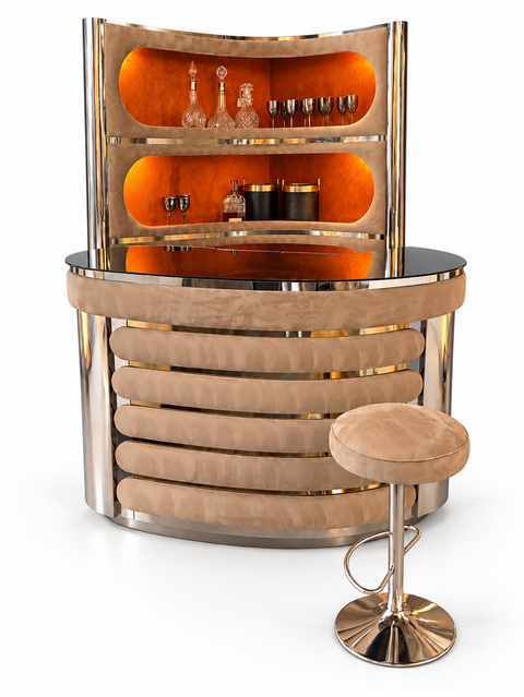 Mid-Century Modern Suede Bar by Willy Rizzo, Italy, 1970s Beige Suede and Metal
