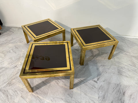 Set of Three Romeo Rega Brass and Smoked Glass Coffee Tables, Italy, 1970s
