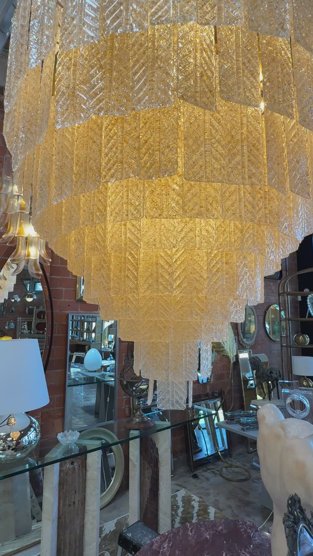 Monumental Amber Textured Glass Leaf Tiered Chandelier