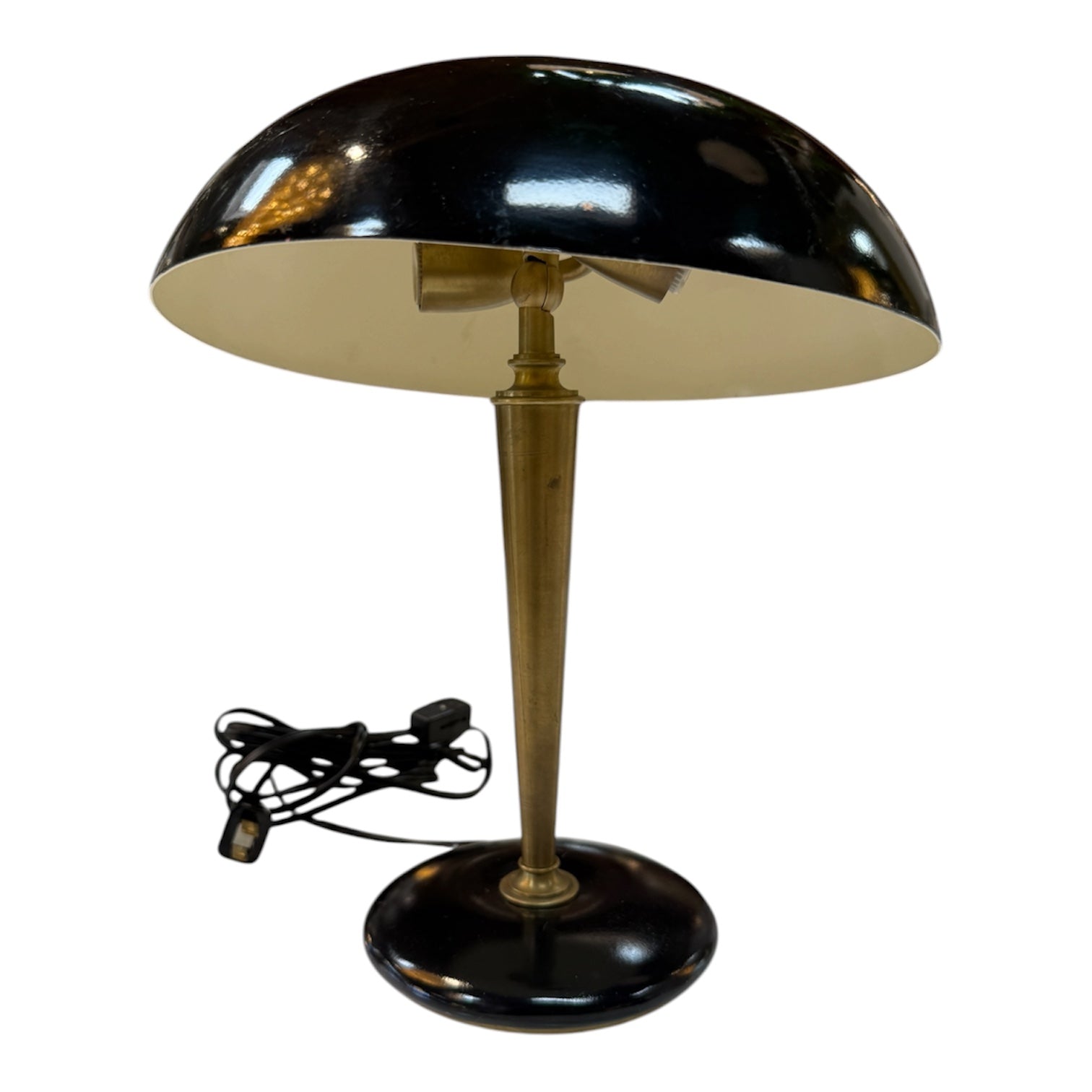 Vintage Black Dome Table Lamp with Brass Stem 1950s