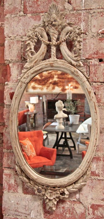 Italian 19th C. Oval Carved Wood Mirror With White Frame