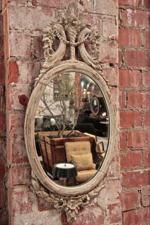 Italian 19th C. Oval Carved Wood Mirror With White Frame