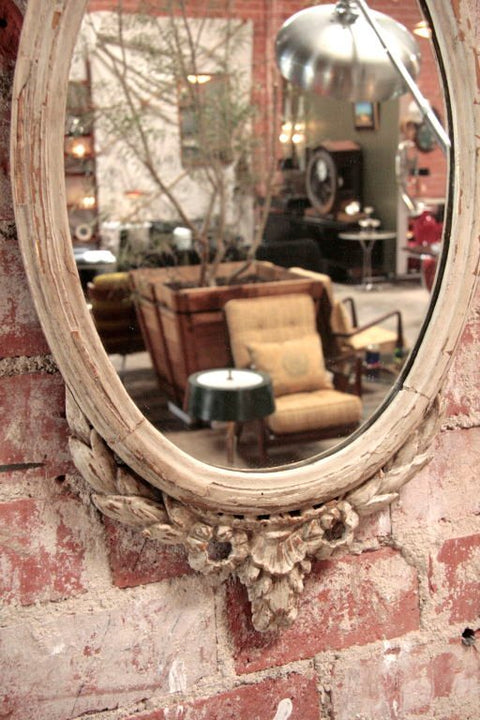 Italian 19th C. Oval Carved Wood Mirror With White Frame