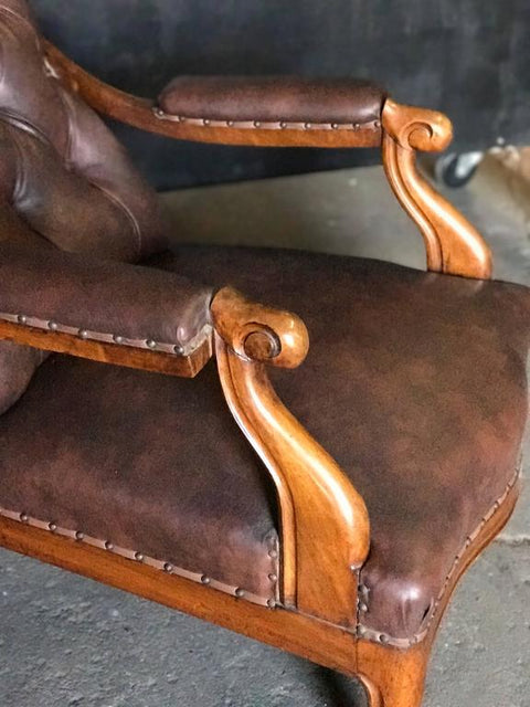 Italian Tufted Leather and Walnut Bergère