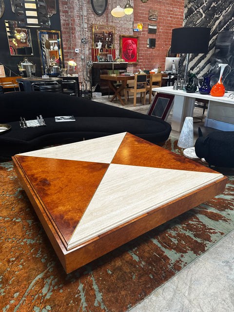 Mid Century Italian Wood and Marble Square Coffee Table 1970s