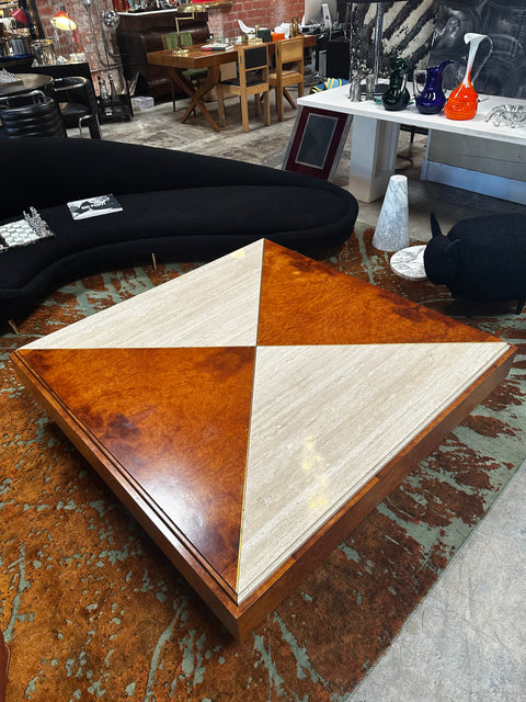 Mid Century Italian Wood and Marble Square Coffee Table 1970s