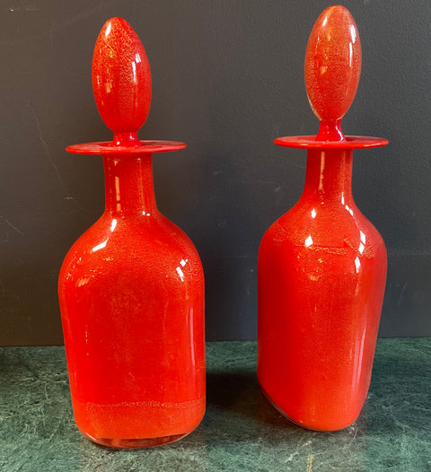 Pair of 2 Vintage Glass Red Decanters 1960s