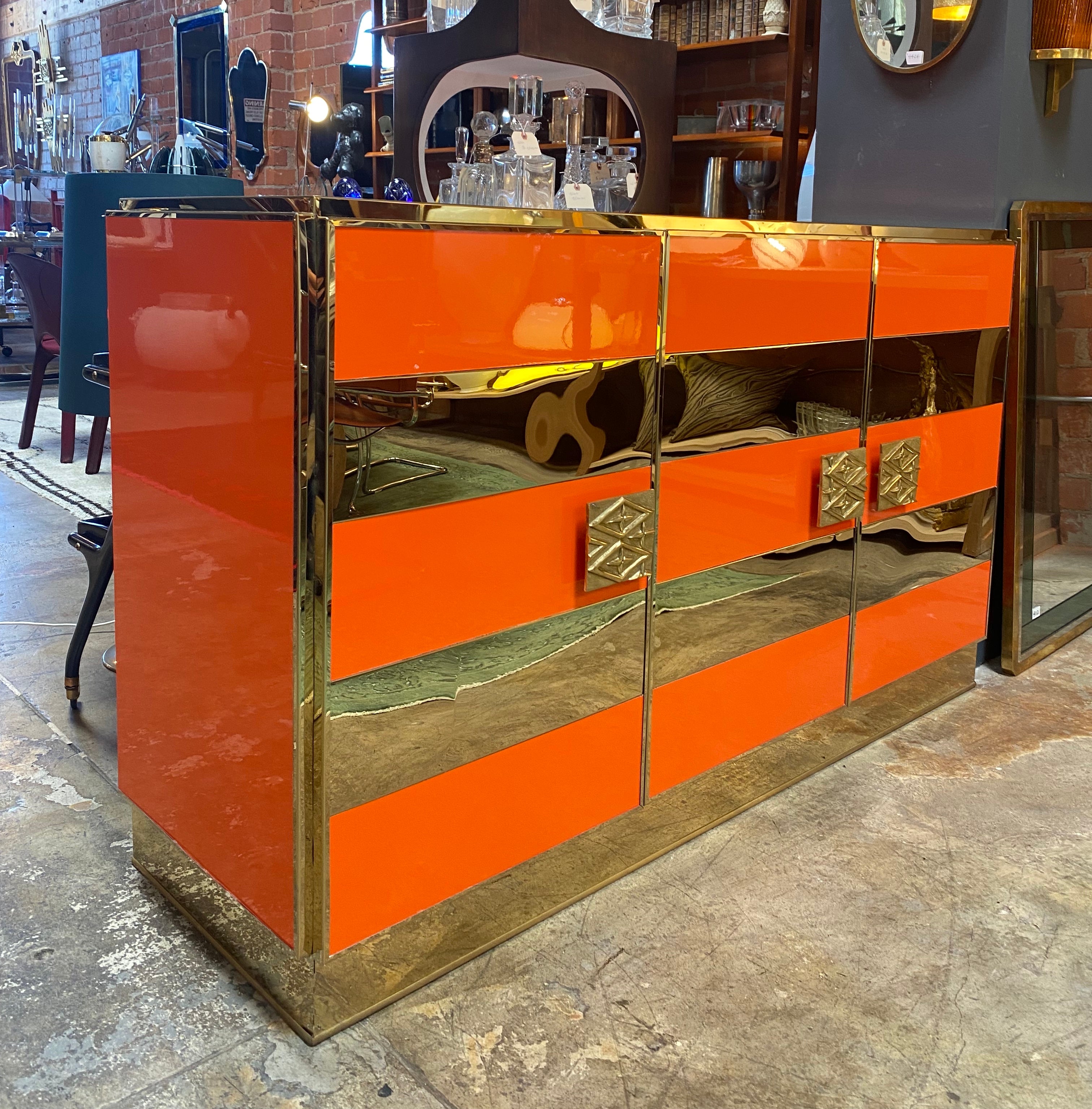 1970s Italian Art Deco Orange Cabinet / Credenza