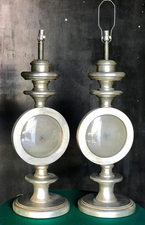 Oversize Italian Silver Leaf Table Lamps, Pair