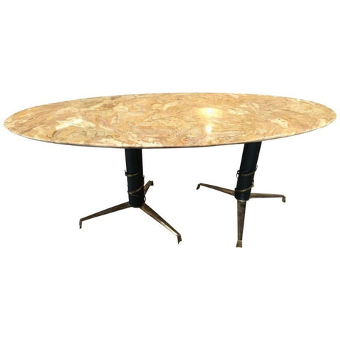 Mid-Century Modern Italian Yellow Marble and Brass Oval Coffee Table 1950